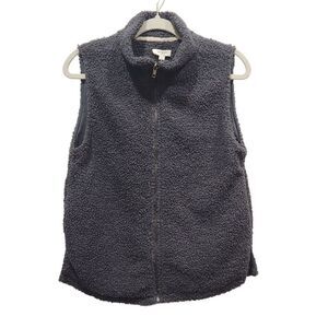 Umgee Gray Sherpa Boucle Knit Fuzzy Teddy Front Full Zip Sweater Vest, S